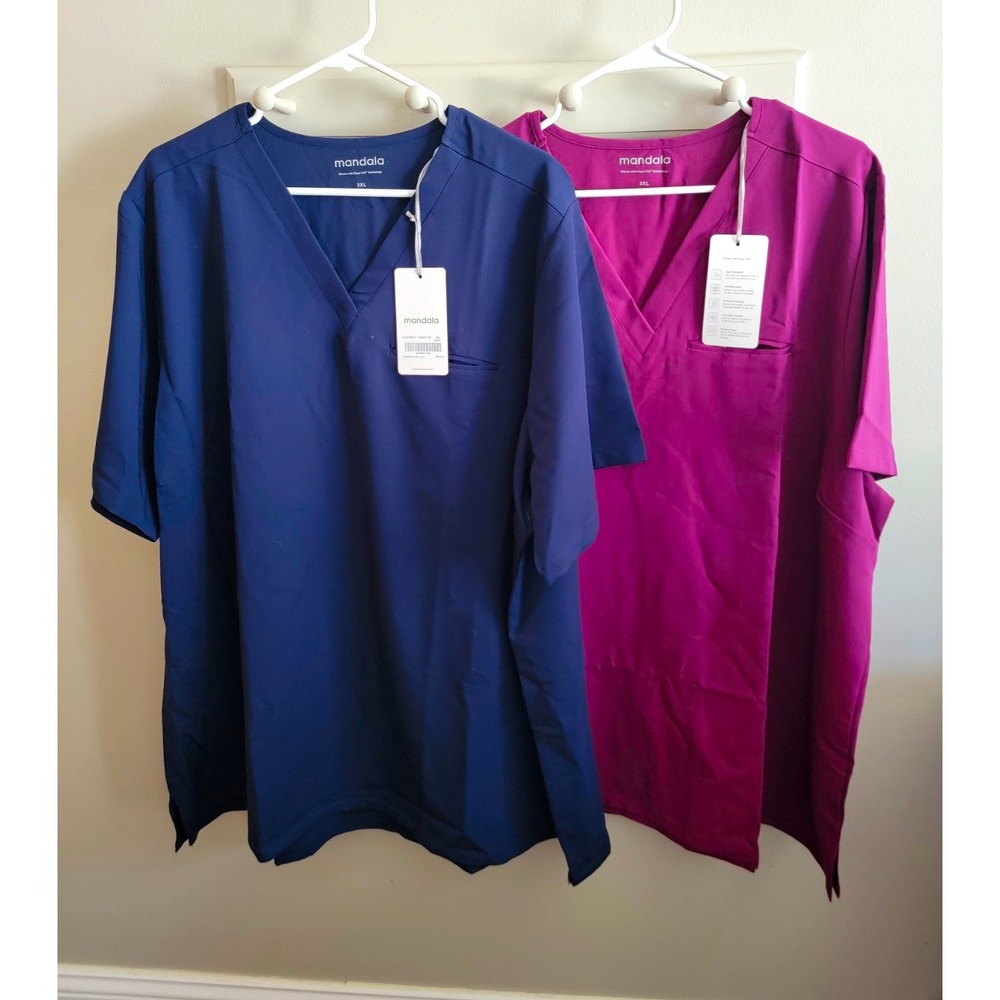 NWT Mandala Women's Scrub Top Lot- 2 3XL Blue Purple Solid V Neck Medical Dental